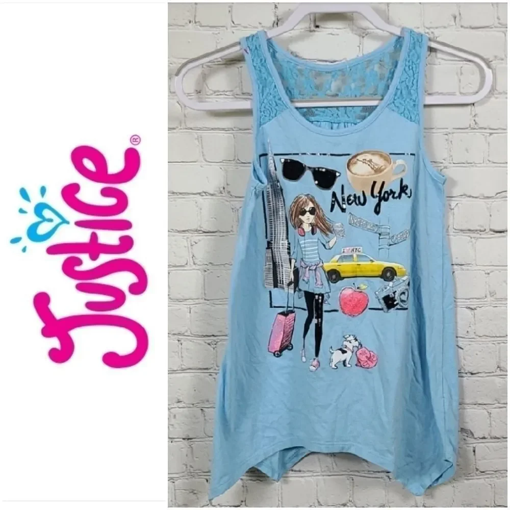 Justice Girls 14 Blue Sleeveless Shirt New York Glitter Sequin Tank Top Tee